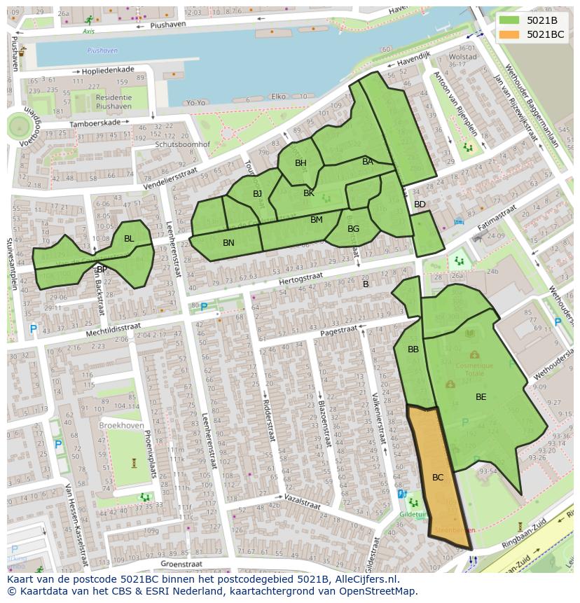 Afbeelding van het postcodegebied 5021 BC op de kaart.