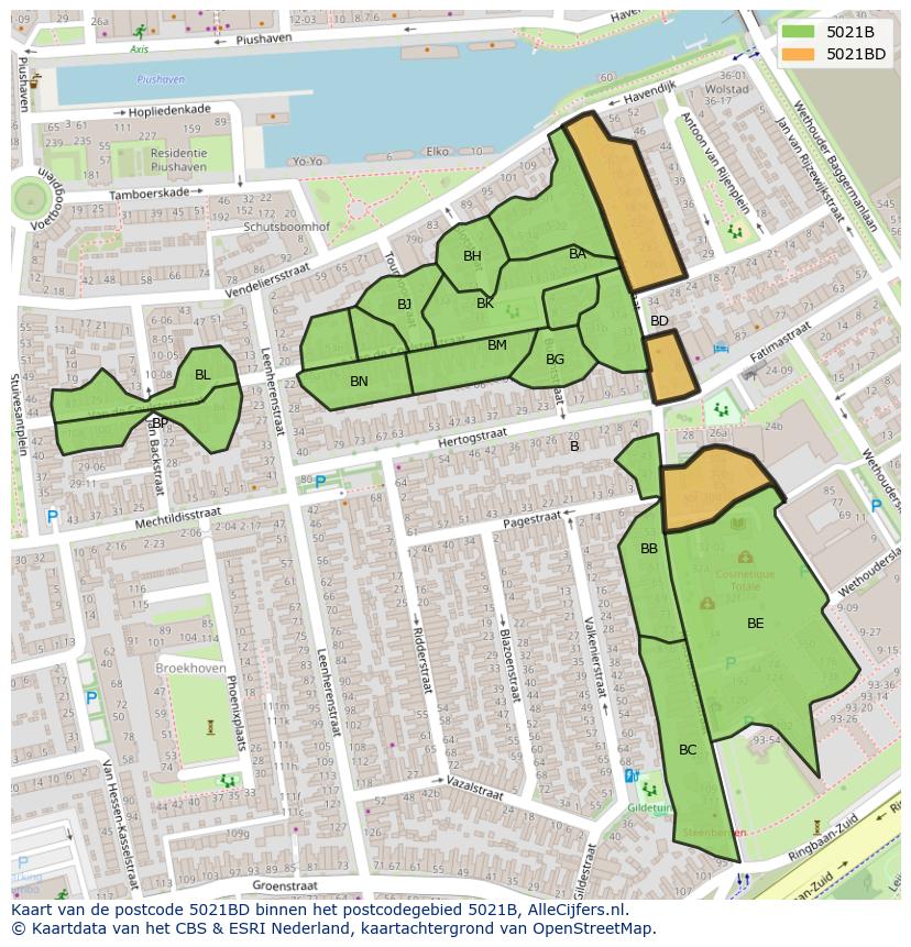 Afbeelding van het postcodegebied 5021 BD op de kaart.