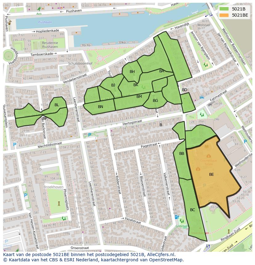 Afbeelding van het postcodegebied 5021 BE op de kaart.