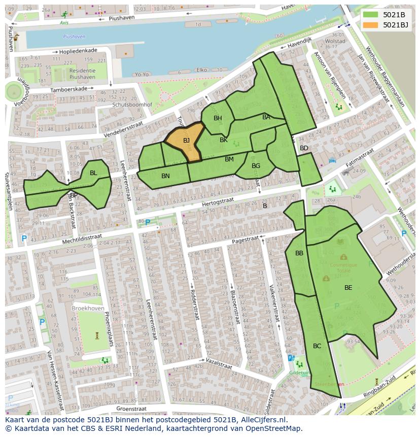 Afbeelding van het postcodegebied 5021 BJ op de kaart.