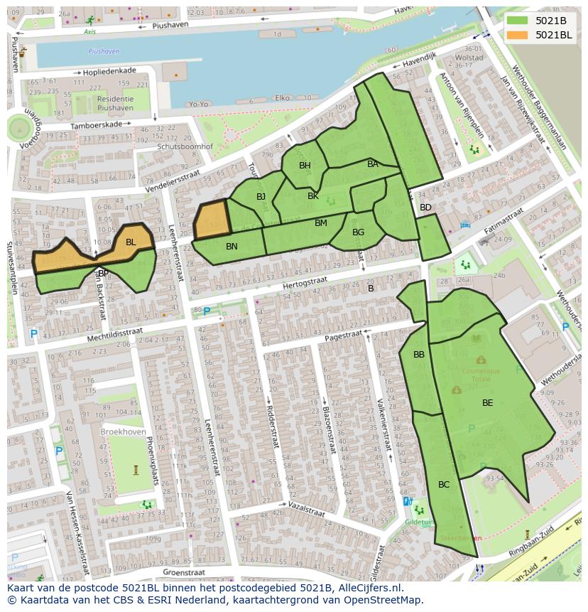 Afbeelding van het postcodegebied 5021 BL op de kaart.