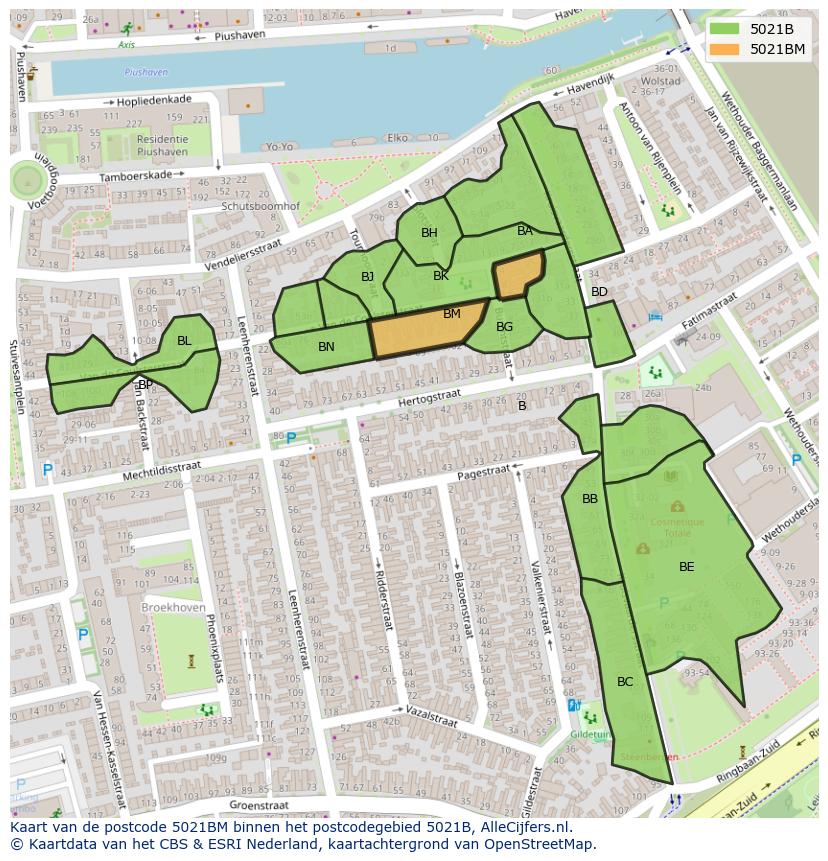 Afbeelding van het postcodegebied 5021 BM op de kaart.