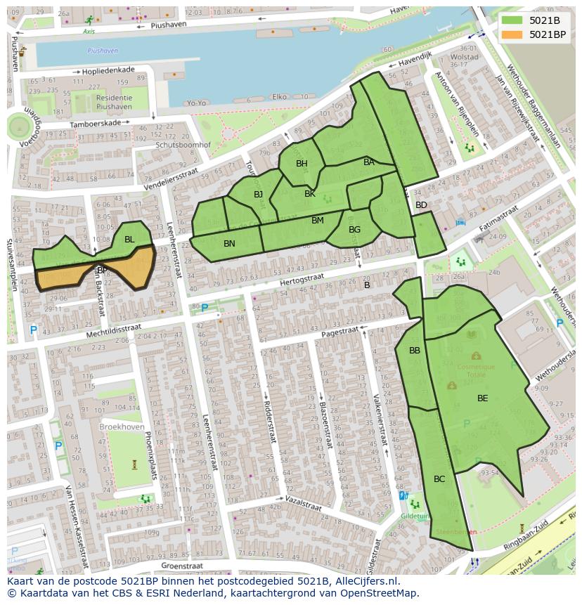 Afbeelding van het postcodegebied 5021 BP op de kaart.