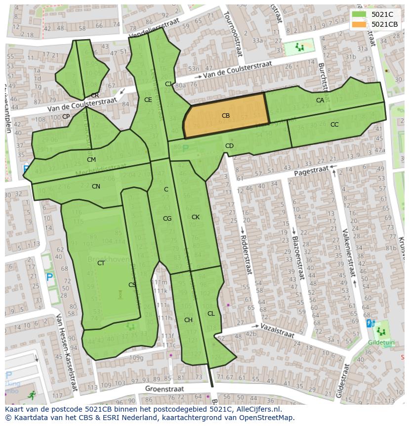 Afbeelding van het postcodegebied 5021 CB op de kaart.
