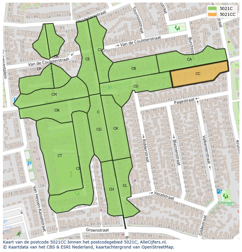 Afbeelding van het postcodegebied 5021 CC op de kaart.