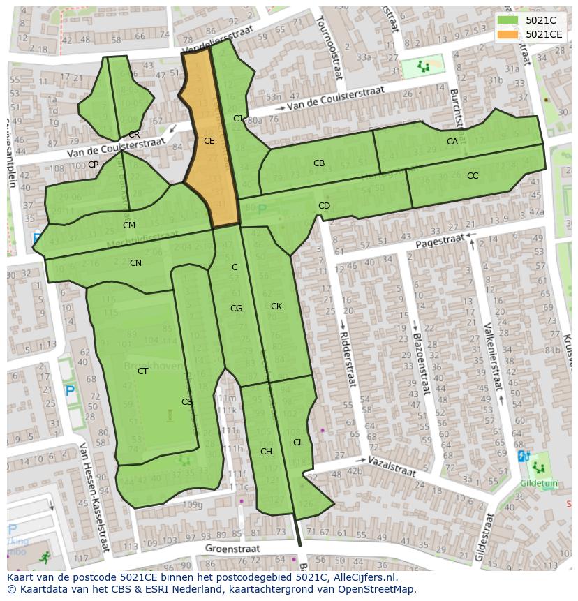 Afbeelding van het postcodegebied 5021 CE op de kaart.