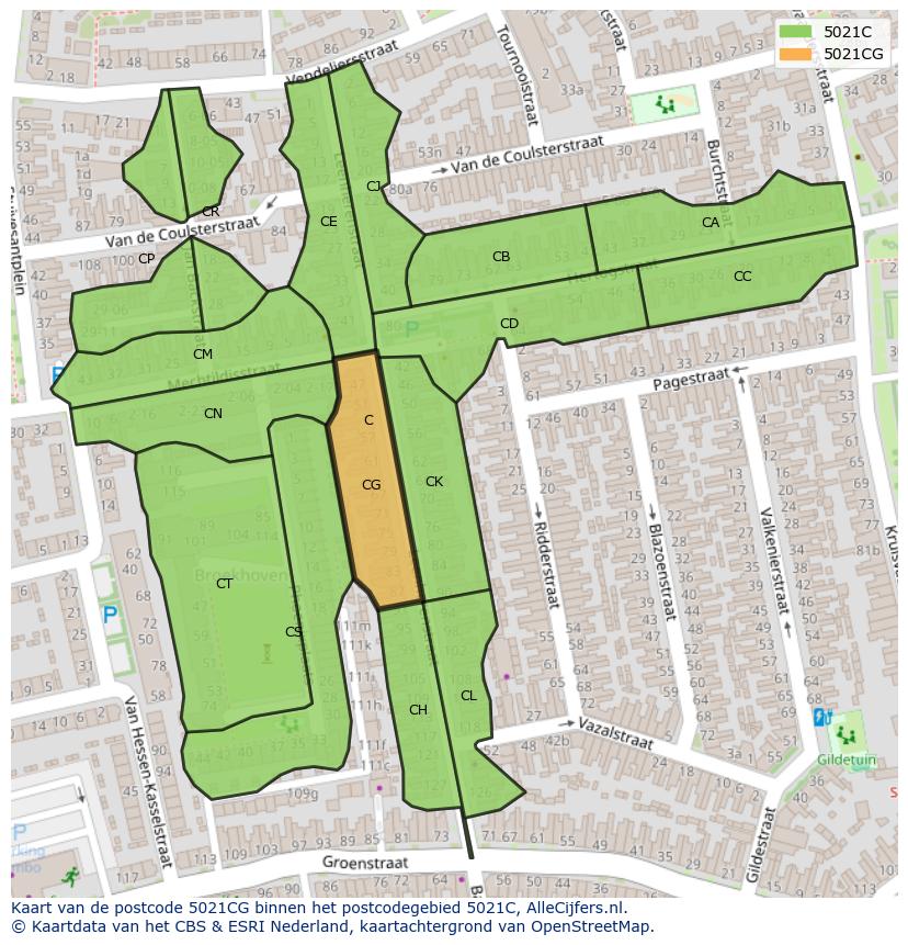 Afbeelding van het postcodegebied 5021 CG op de kaart.