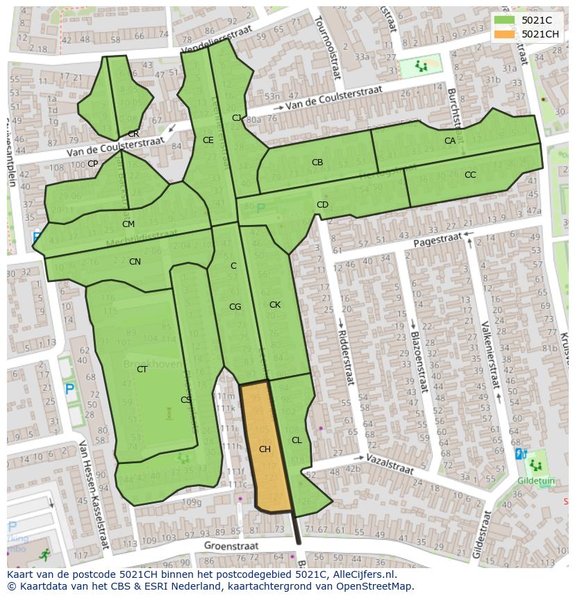 Afbeelding van het postcodegebied 5021 CH op de kaart.