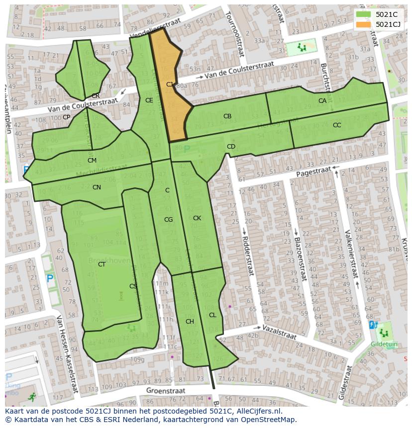 Afbeelding van het postcodegebied 5021 CJ op de kaart.