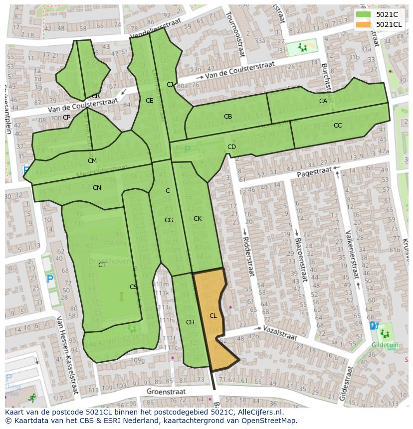 Afbeelding van het postcodegebied 5021 CL op de kaart.