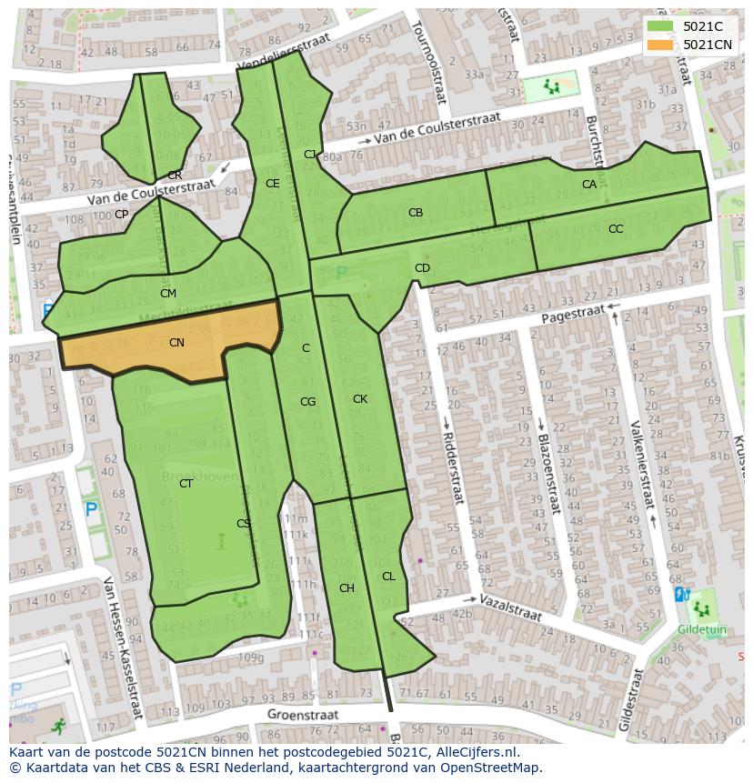 Afbeelding van het postcodegebied 5021 CN op de kaart.