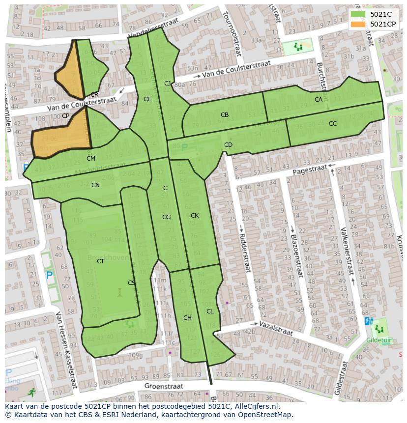 Afbeelding van het postcodegebied 5021 CP op de kaart.