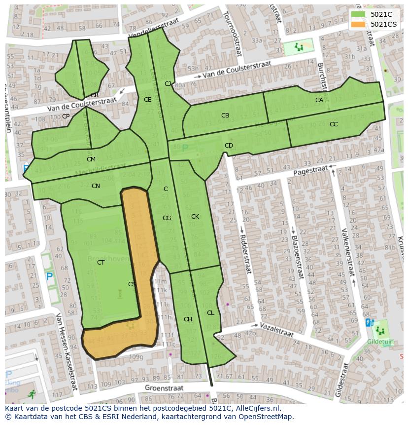 Afbeelding van het postcodegebied 5021 CS op de kaart.