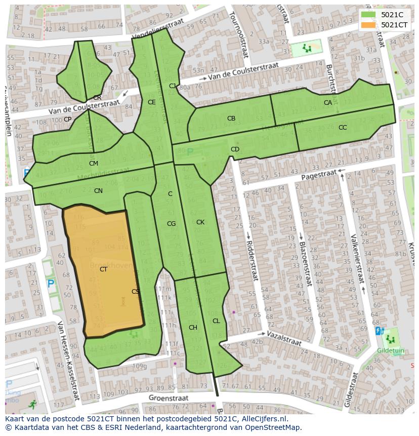 Afbeelding van het postcodegebied 5021 CT op de kaart.