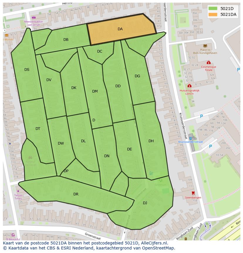 Afbeelding van het postcodegebied 5021 DA op de kaart.