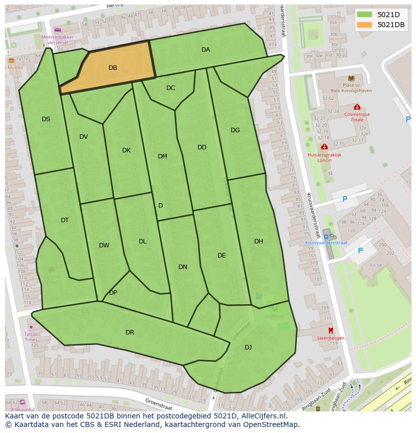 Afbeelding van het postcodegebied 5021 DB op de kaart.