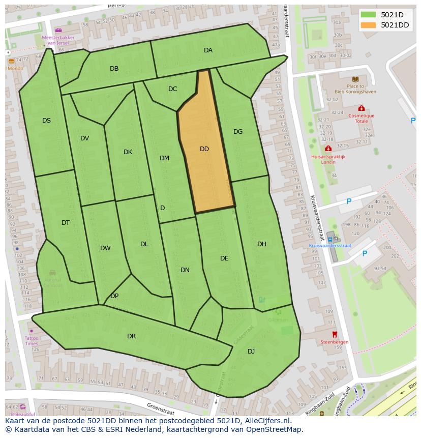 Afbeelding van het postcodegebied 5021 DD op de kaart.