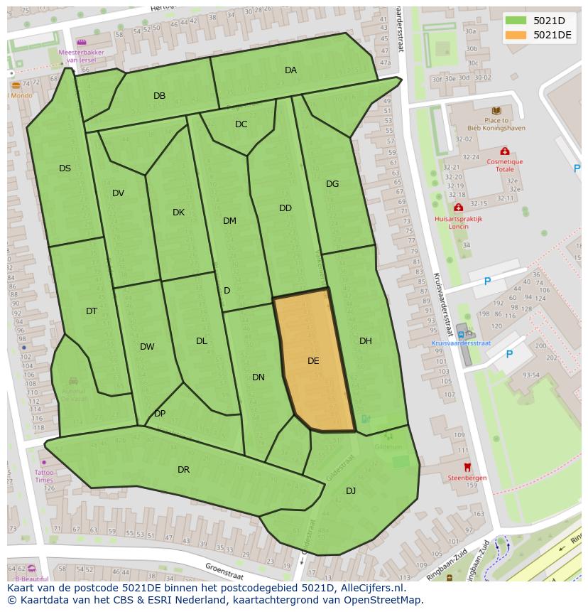 Afbeelding van het postcodegebied 5021 DE op de kaart.