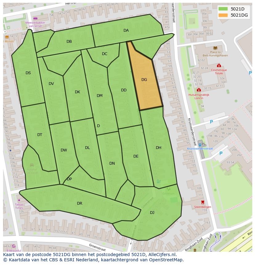 Afbeelding van het postcodegebied 5021 DG op de kaart.