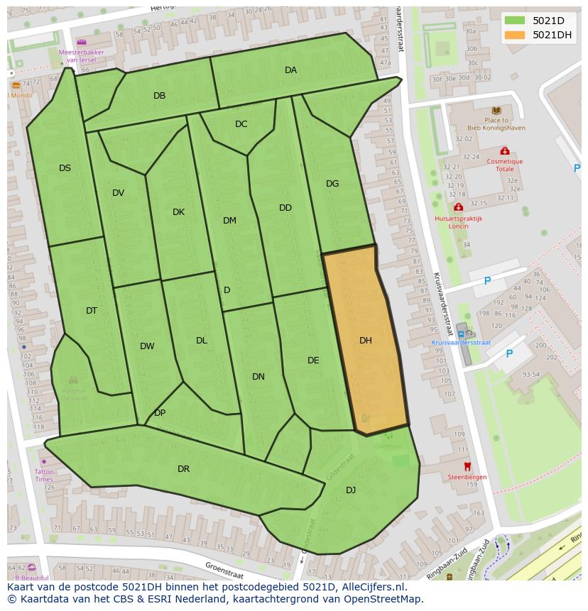 Afbeelding van het postcodegebied 5021 DH op de kaart.