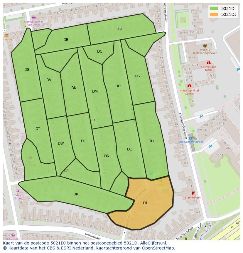 Afbeelding van het postcodegebied 5021 DJ op de kaart.