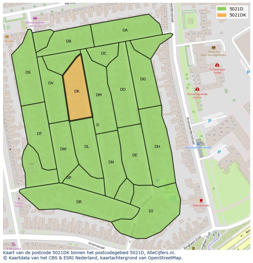 Afbeelding van het postcodegebied 5021 DK op de kaart.