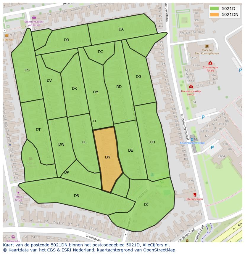 Afbeelding van het postcodegebied 5021 DN op de kaart.