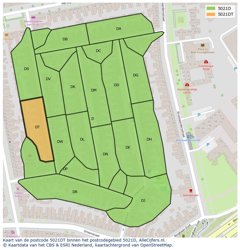 Afbeelding van het postcodegebied 5021 DT op de kaart.