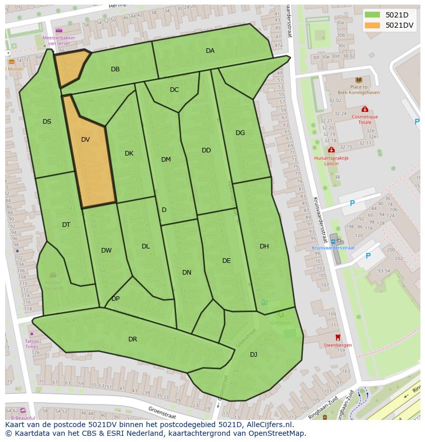 Afbeelding van het postcodegebied 5021 DV op de kaart.