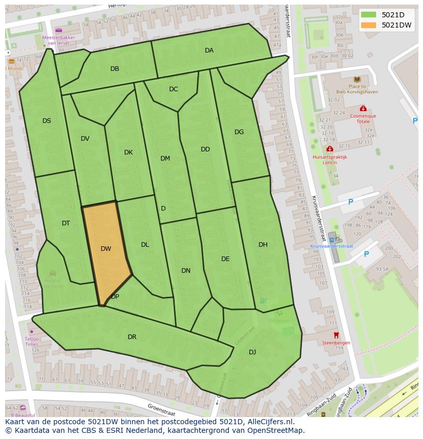 Afbeelding van het postcodegebied 5021 DW op de kaart.