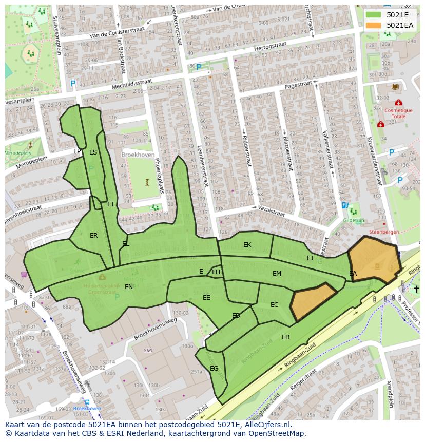 Afbeelding van het postcodegebied 5021 EA op de kaart.