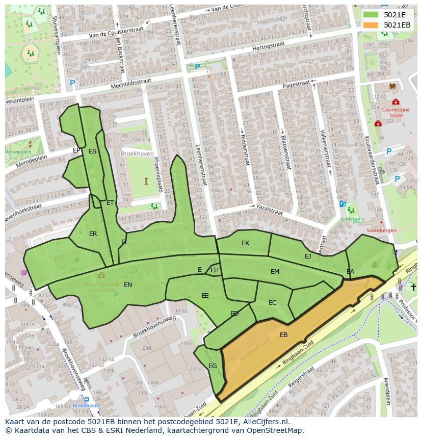Afbeelding van het postcodegebied 5021 EB op de kaart.