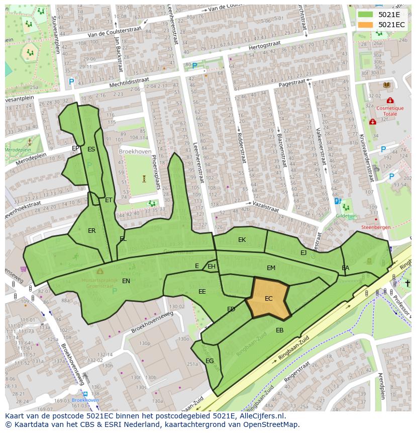 Afbeelding van het postcodegebied 5021 EC op de kaart.