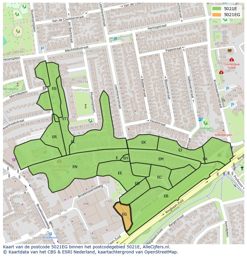 Afbeelding van het postcodegebied 5021 EG op de kaart.