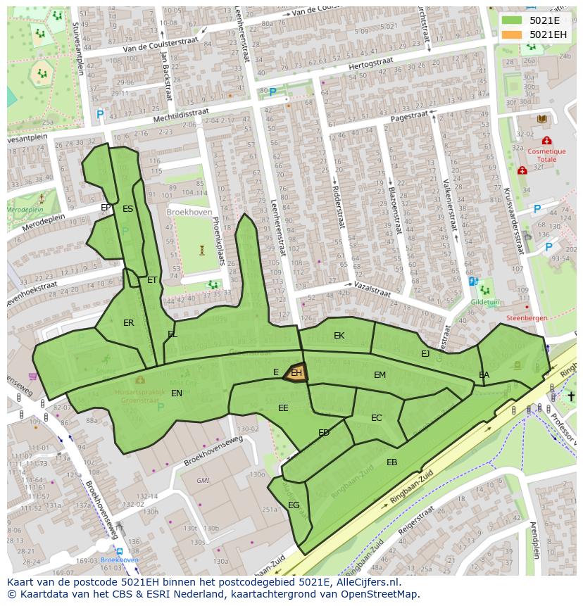 Afbeelding van het postcodegebied 5021 EH op de kaart.