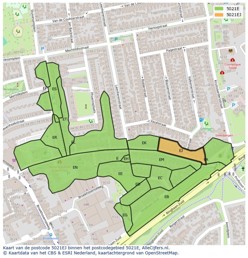 Afbeelding van het postcodegebied 5021 EJ op de kaart.