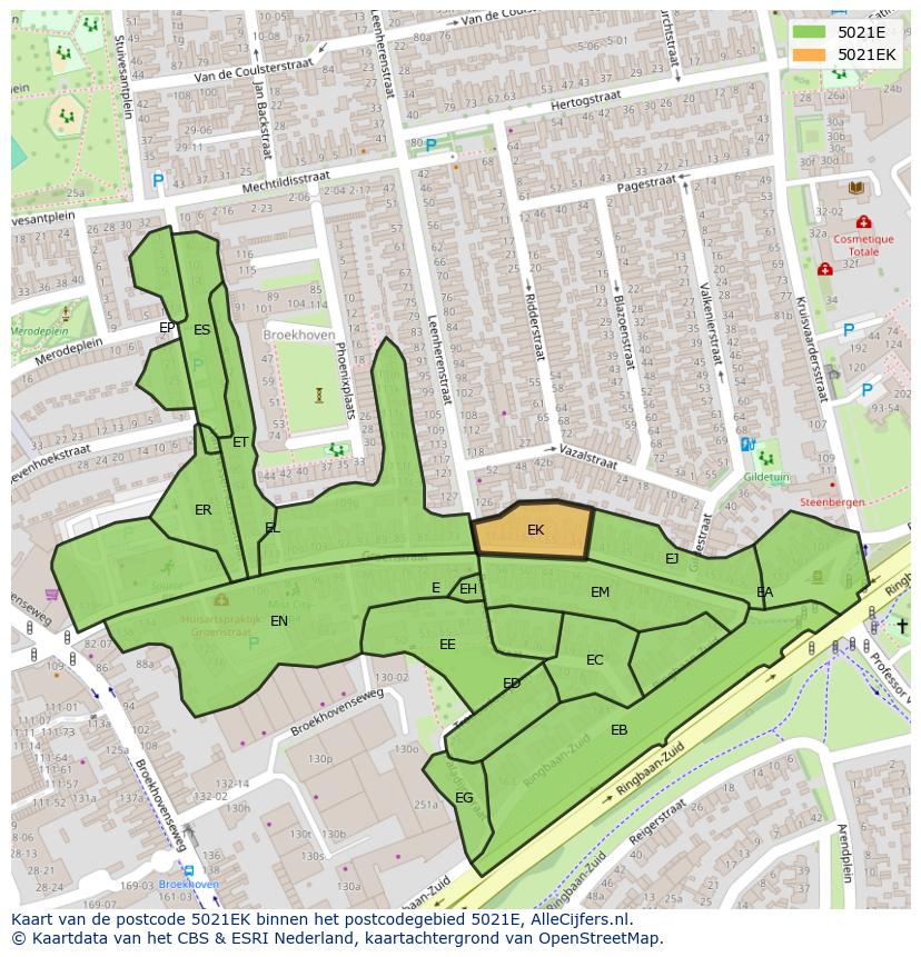 Afbeelding van het postcodegebied 5021 EK op de kaart.