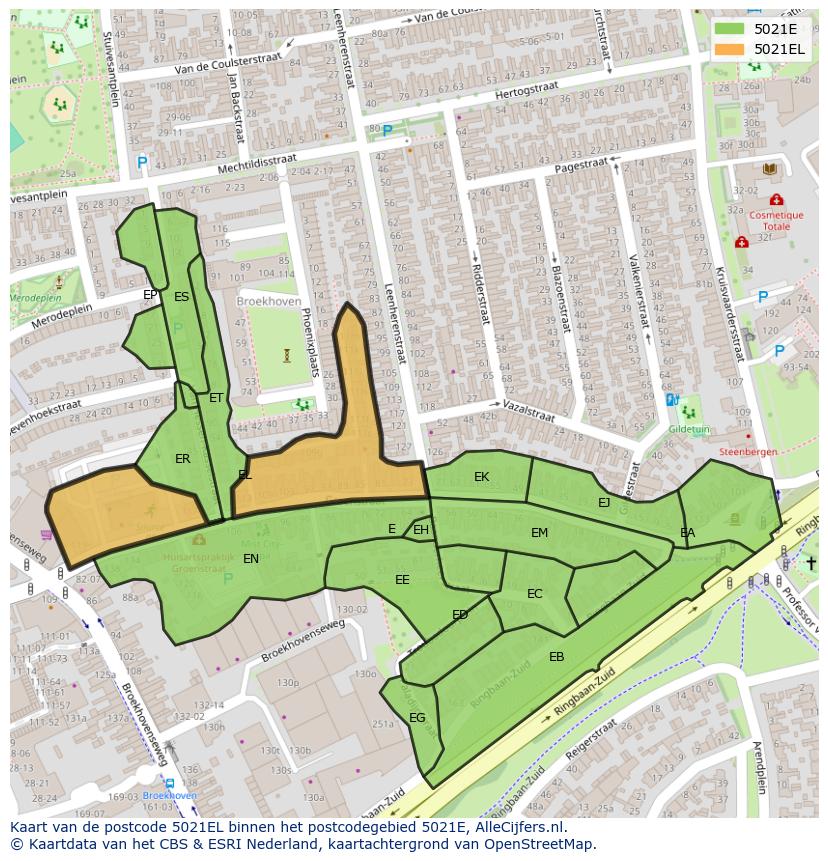 Afbeelding van het postcodegebied 5021 EL op de kaart.