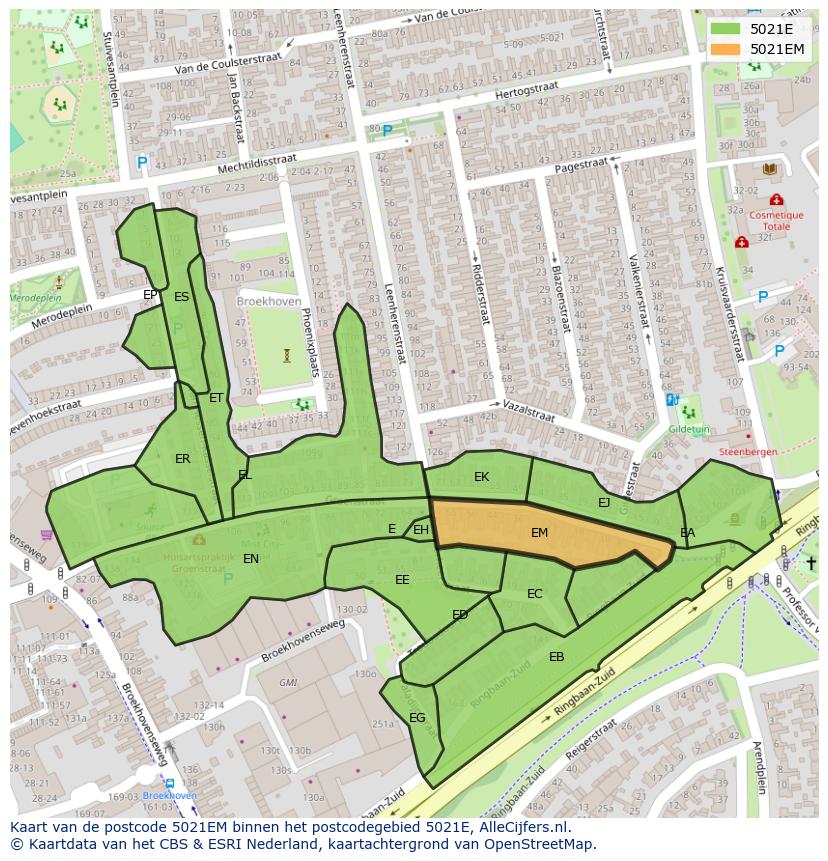 Afbeelding van het postcodegebied 5021 EM op de kaart.