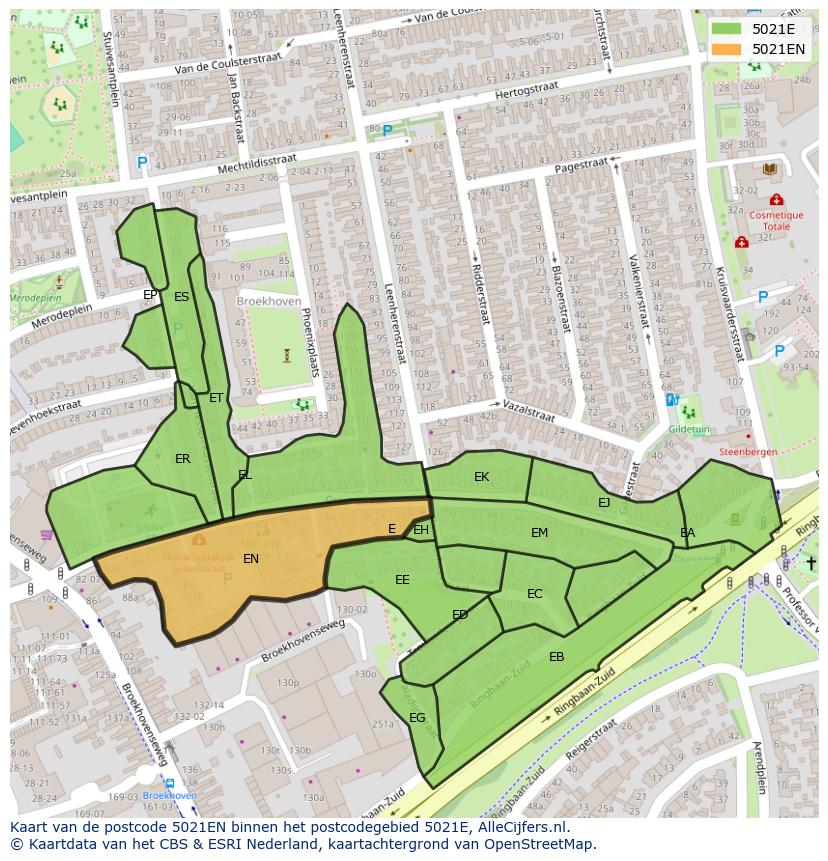 Afbeelding van het postcodegebied 5021 EN op de kaart.