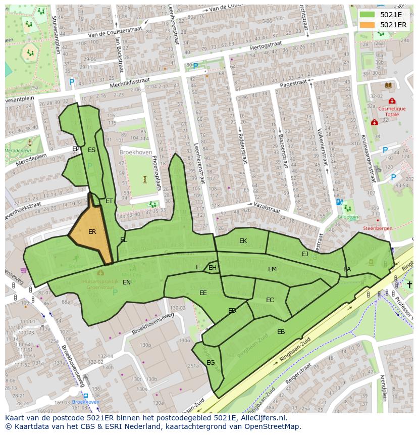 Afbeelding van het postcodegebied 5021 ER op de kaart.