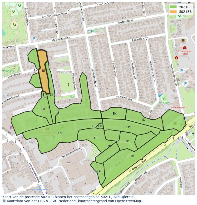 Afbeelding van het postcodegebied 5021 ES op de kaart.