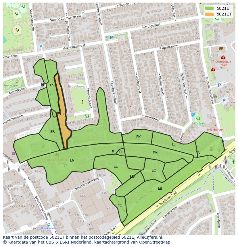 Afbeelding van het postcodegebied 5021 ET op de kaart.