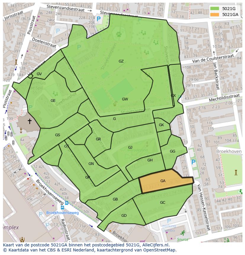 Afbeelding van het postcodegebied 5021 GA op de kaart.