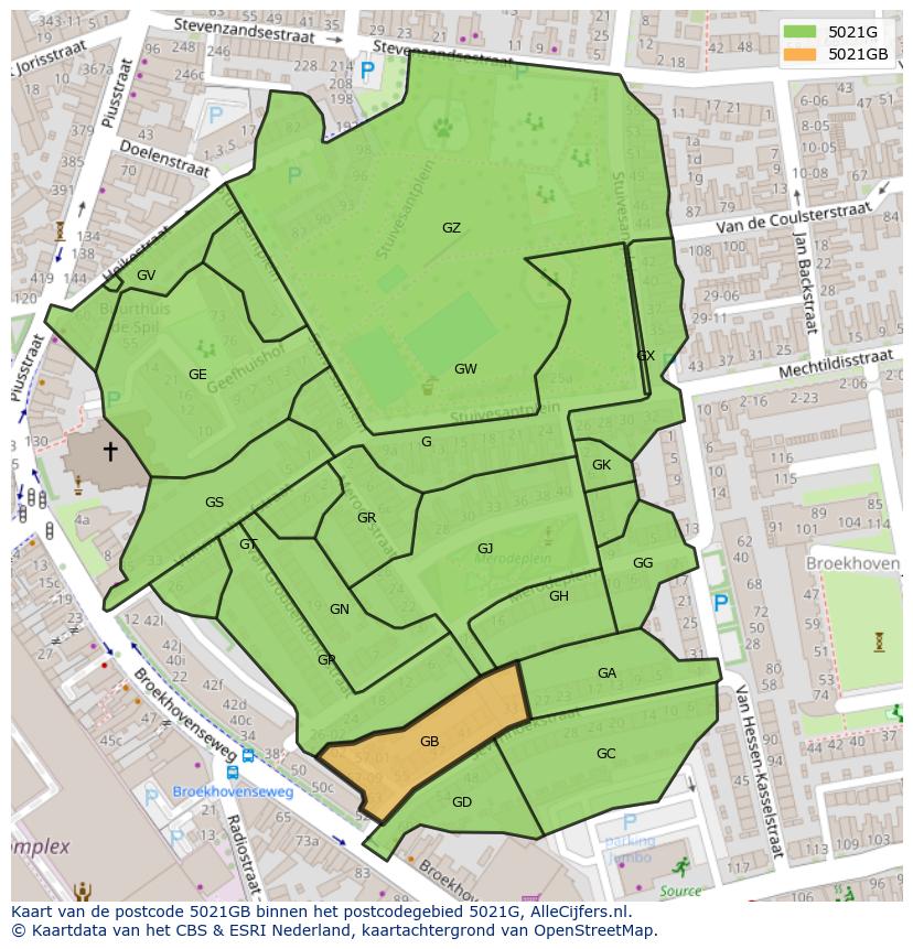 Afbeelding van het postcodegebied 5021 GB op de kaart.