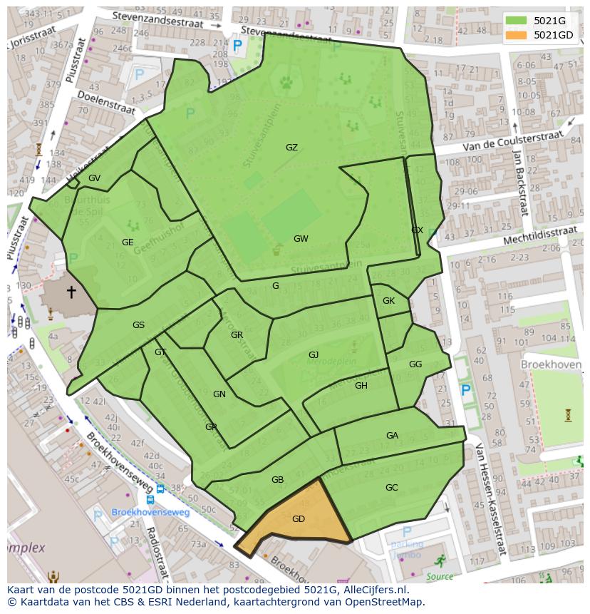 Afbeelding van het postcodegebied 5021 GD op de kaart.