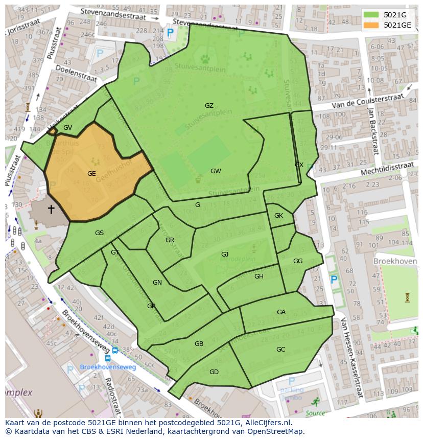Afbeelding van het postcodegebied 5021 GE op de kaart.