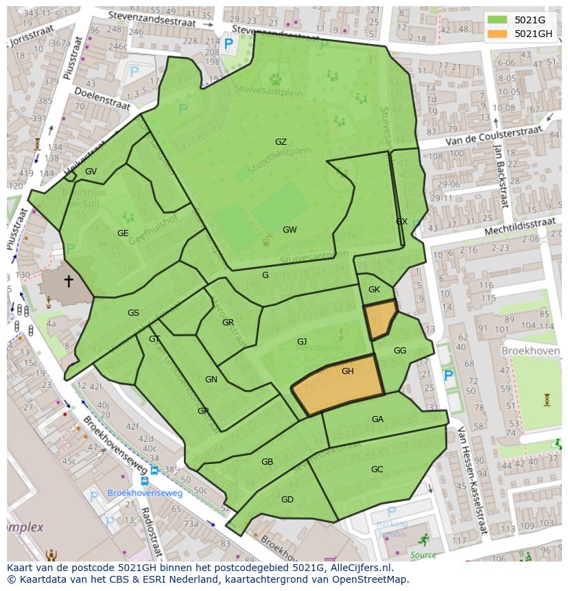 Afbeelding van het postcodegebied 5021 GH op de kaart.