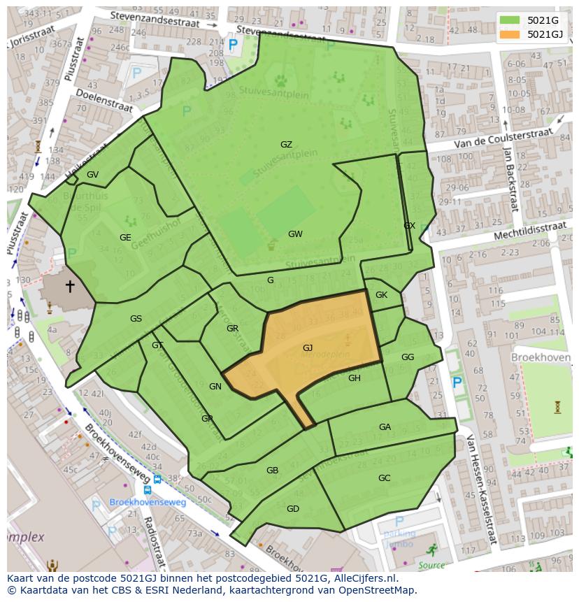 Afbeelding van het postcodegebied 5021 GJ op de kaart.