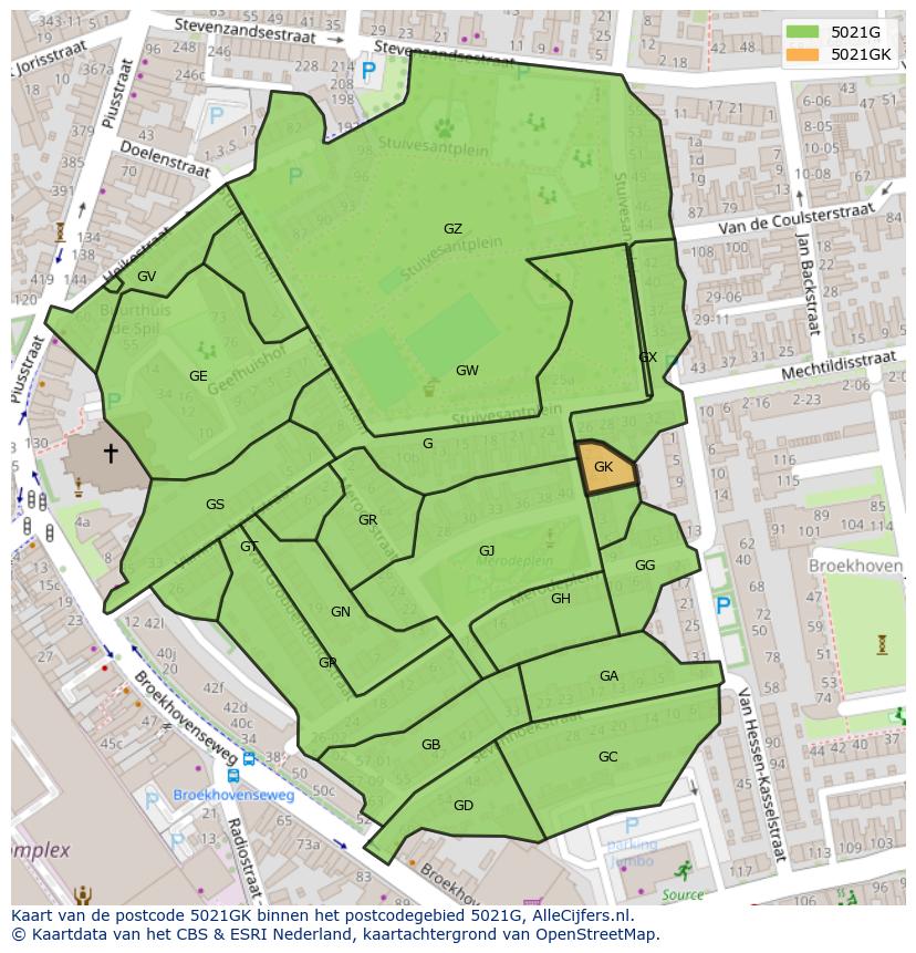 Afbeelding van het postcodegebied 5021 GK op de kaart.